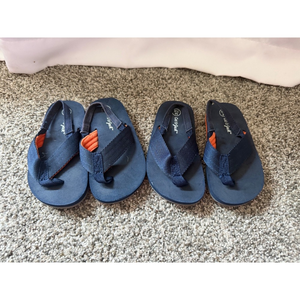 Cat & Jack Toddler Boys Navy Blue Orange Flip Flop Sandals Elastic Backstrap 7/8